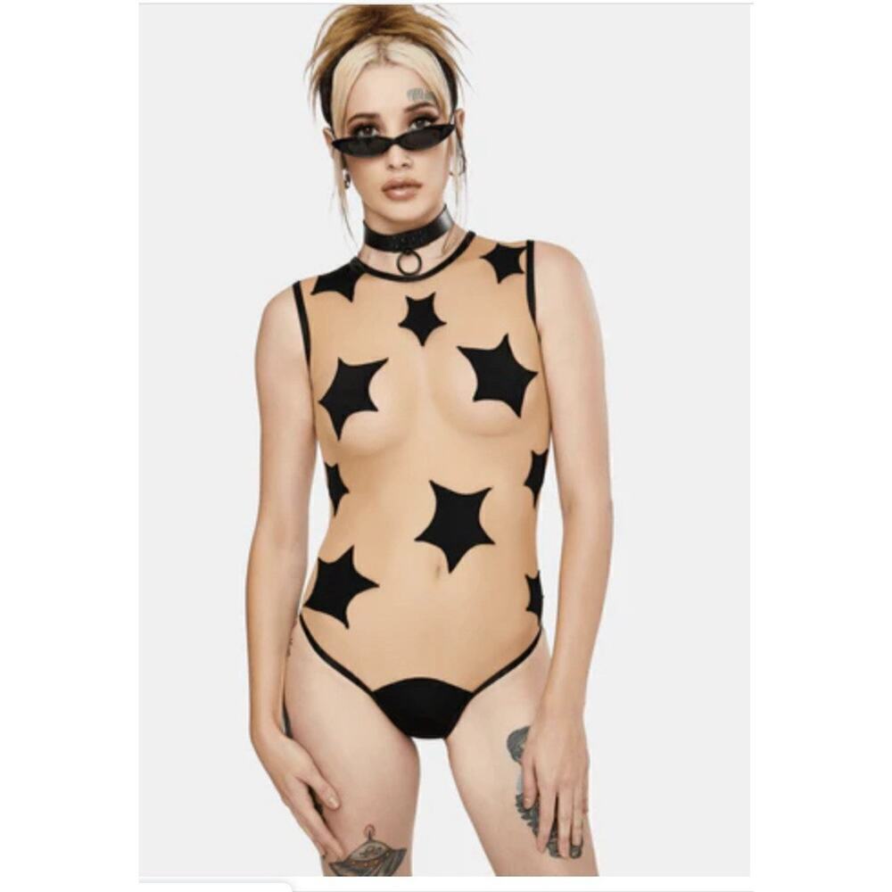 🦋B2G1🦋NEVANUDE Star Struck Black Stars Nude Mesh One Piece Bodysuit